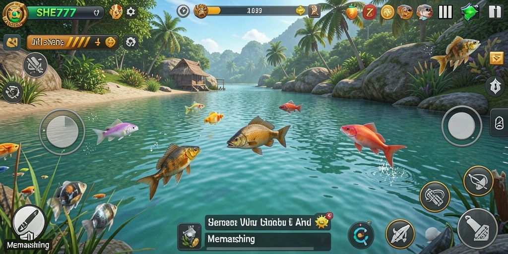 Tampilan antarmuka SHE777 dengan latar belakang pemandangan memancing yang memukau.